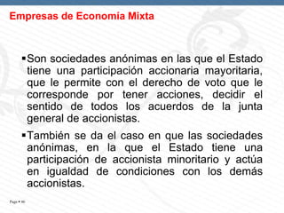 Empresas de Economía Mixta

Son sociedades anónimas en las que el Estado
tiene una participación accionaria mayoritaria,
que le permite con el derecho de voto que le
corresponde por tener acciones, decidir el
sentido de todos los acuerdos de la junta
general de accionistas.
También se da el caso en que las sociedades
anónimas, en la que el Estado tiene una
participación de accionista minoritario y actúa
en igualdad de condiciones con los demás
accionistas.
Page  46

 