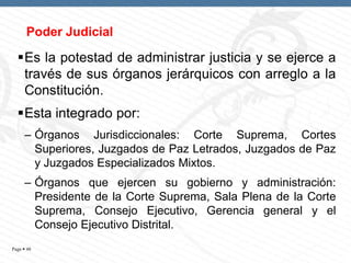 Poder Judicial

Es la potestad de administrar justicia y se ejerce a
través de sus órganos jerárquicos con arreglo a la
Constitución.
Esta integrado por:
– Órganos Jurisdiccionales: Corte Suprema, Cortes
Superiores, Juzgados de Paz Letrados, Juzgados de Paz
y Juzgados Especializados Mixtos.

– Órganos que ejercen su gobierno y administración:
Presidente de la Corte Suprema, Sala Plena de la Corte
Suprema, Consejo Ejecutivo, Gerencia general y el
Consejo Ejecutivo Distrital.
Page  48

 