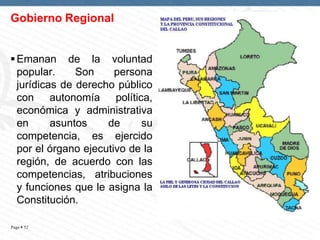 Gobierno Regional
 Emanan de la voluntad
popular.
Son
persona
jurídicas de derecho público
con autonomía política,
económica y administrativa
en
asuntos
de
su
competencia, es ejercido
por el órgano ejecutivo de la
región, de acuerdo con las
competencias, atribuciones
y funciones que le asigna la
Constitución.
Page  52

 