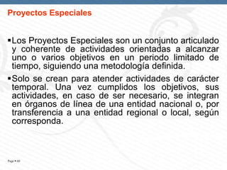 Proyectos Especiales

Los Proyectos Especiales son un conjunto articulado
y coherente de actividades orientadas a alcanzar
uno o varios objetivos en un periodo limitado de
tiempo, siguiendo una metodología definida.
Solo se crean para atender actividades de carácter
temporal. Una vez cumplidos los objetivos, sus
actividades, en caso de ser necesario, se integran
en órganos de línea de una entidad nacional o, por
transferencia a una entidad regional o local, según
corresponda.

Page  60

 