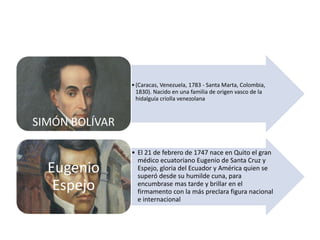 • (Caracas, Venezuela, 1783 - Santa Marta, Colombia, 
1830). Nacido en una familia de origen vasco de la 
hidalguía criolla venezolana 
SIMÓN BOLÍVAR 
• El 21 de febrero de 1747 nace en Quito el gran 
médico ecuatoriano Eugenio de Santa Cruz y 
Espejo, gloria del Ecuador y América quien se 
superó desde su humilde cuna, para 
encumbrase mas tarde y brillar en el 
firmamento con la más preclara figura nacional 
e internacional 
Eugenio 
Espejo 
 