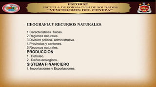 GEOGRAFIA Y RECURSOS NATURALES:
1.Caracteristicas fisicas.
2.Regiones naturales.
3.Division politica- administrativa.
4.Provincias y cantones.
5.Recursos naturales.
PRODUCCION:
1. Petroleo.
2. Daños ecologicos..
SISTEMA FINANCIERO
1. Importaciones y Exportaciones.
 