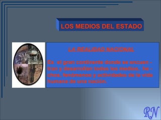 RN LOS MEDIOS DEL ESTADO LA REALIDAD NACIONAL Es  el gran continente donde se encuen -  tran y desarrollan todos los medios,  he - chos, fenómenos y actividades de la vida humana de una nación. 