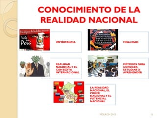 CONOCIMIENTO DE LA
REALIDAD NACIONAL

   IMPORTANCIA                        FINALIDAD




   REALIDAD                           MÉTODOS PARA
   NACIONAL Y EL                      CONOCER,
   CONTEXTO                           ESTUDIAR O
   INTERNACIONAL                      APREHENDER




                   LA REALIDAD
                   NACIONAL, EL
                   PODER
                   NACIONAL Y EL
                   POTENCIAL
                   NACIONAL



                        MDLRCH 2013                  11
 
