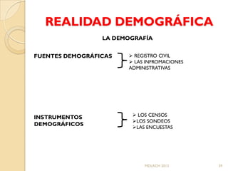 REALIDAD DEMOGRÁFICA
                 LA DEMOGRAFÍA


FUENTES DEMOGRÁFICAS    REGISTRO CIVIL
                        LAS INFROMACIONES
                       ADMINISTRATIVAS




INSTRUMENTOS             LOS CENSOS
                        LOS SONDEOS
DEMOGRÁFICOS
                        LAS ENCUESTAS




                            MDLRCH 2013      39
 