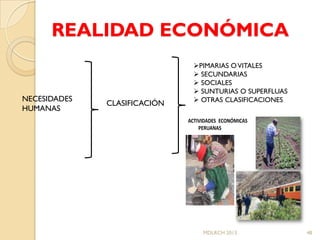 REALIDAD ECONÓMICA
                                PIMARIAS O VITALES
                                 SECUNDARIAS
                                 SOCIALES
                                 SUNTURIAS O SUPERFLUAS
NECESIDADES                      OTRAS CLASIFICACIONES
              CLASIFICACIÓN
HUMANAS
                              ACTIVIDADES ECONÓMICAS
                                  PERUANAS




                                   MDLRCH 2013             48
 