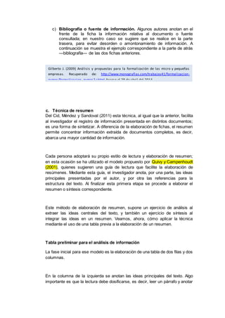 c) Bibliografía o fuente de información. Algunos autores anotan en el
frente de la ficha la información relativa al documento o fuente
consultada; en nuestro caso se sugiere que se realice en la parte
trasera, para evitar desorden o amontonamiento de información. A
continuación se muestra el ejemplo correspondiente a la parte de atrás
—bibliografía— de las dos fichas anteriores.
c. Técnica de resumen
Del Cid, Méndez y Sandoval (2011) esta técnica, al igual que la anterior, facilita
al investigador el registro de información presentada en distintos documentos;
es una forma de sintetizar. A diferencia de la elaboración de fichas, el resumen
permite concentrar información extraída de documentos completos, es decir,
abarca una mayor cantidad de información.
Cada persona adoptará su propio estilo de lectura y elaboración de resumen;
en esta ocasión se ha utilizado el modelo propuesto por Quivy y Campenhoudt
(2001), quienes sugieren una guía de lectura que facilite la elaboración de
resúmenes. Mediante esta guía, el investigador anota, por una parte, las ideas
principales presentadas por el autor, y por otra las referencias para la
estructura del texto. Al finalizar esta primera etapa se procede a elaborar el
resumen o síntesis correspondiente.
Este método de elaboración de resumen, supone un ejercicio de análisis al
extraer las ideas centrales del texto, y también un ejercicio de síntesis al
integrar las ideas en un resumen. Veamos, ahora, cómo aplicar la técnica
mediante el uso de una tabla previa a la elaboración de un resumen.
Tabla preliminar para el análisis de información
La fase inicial para ese modelo es la elaboración de una tabla de dos filas y dos
columnas.
En la columna de la izquierda se anotan las ideas principales del texto. Algo
importante es que la lectura debe dosificarse, es decir, leer un párrafo y anotar
Gilberto J. (2009) Análisis y propuestas para la formalización de las micro y pequeñas
empresas. Recuperado de: http://www.monografias.com/trabajos41/formalizacion-
pymes/formalizacion- pymes2.shtml Acceso el 28 de abril del 2014.
 