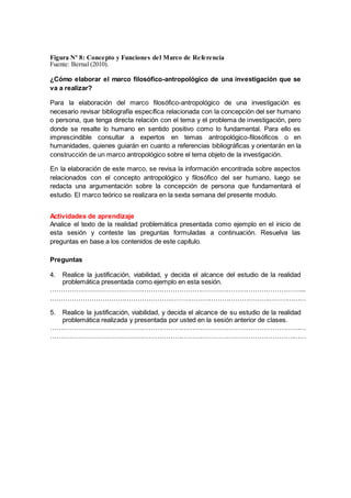 Figura Nº 8: Concepto y Funciones del Marco de Referencia
Fuente: Bernal (2010).
¿Cómo elaborar el marco filosófico-antropológico de una investigación que se
va a realizar?
Para la elaboración del marco filosófico-antropológico de una investigación es
necesario revisar bibliografía específica relacionada con la concepción del ser humano
o persona, que tenga directa relación con el tema y el problema de investigación, pero
donde se resalte lo humano en sentido positivo como lo fundamental. Para ello es
imprescindible consultar a expertos en temas antropológico-filosóficos o en
humanidades, quienes guiarán en cuanto a referencias bibliográficas y orientarán en la
construcción de un marco antropológico sobre el tema objeto de la investigación.
En la elaboración de este marco, se revisa la información encontrada sobre aspectos
relacionados con el concepto antropológico y filosófico del ser humano, luego se
redacta una argumentación sobre la concepción de persona que fundamentará el
estudio. El marco teórico se realizara en la sexta semana del presente modulo.
Actividades de aprendizaje
Analice el texto de la realidad problemática presentada como ejemplo en el inicio de
esta sesión y conteste las preguntas formuladas a continuación. Resuelva las
preguntas en base a los contenidos de este capítulo.
Preguntas
4. Realice la justificación, viabilidad, y decida el alcance del estudio de la realidad
problemática presentada como ejemplo en esta sesión.
……………………………………………………………………………………………………....
.………………………………………………………………………………………………………
5. Realice la justificación, viabilidad, y decida el alcance de su estudio de la realidad
problemática realizada y presentada por usted en la sesión anterior de clases.
…………………………………………………………………………………………………….…
………………………………………………………………………………………………….……
 