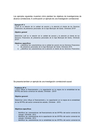 Los ejemplos siguientes muestran cómo plantear los objetivos de investigaciones de
alcance correlacional, A continuación un ejemplo de una investigación correlacional.
Se presenta tambien un ejemplo de una investigación correlacional-causal.
Problema Nº 4:
¿Cómo Influye el financiamiento y la capacitación en la mejora de la rentabilidad de las
MYPEs del sector comercial de calzado, Chimbote - 2015?
Objetivo general:
Determinar cómo influye el financiamiento y la capacitación en la mejora de la rentabilidad
de las MYPEs del sector comercial de calzado, Chimbote - 2015.
Objetivos específicos
- Identificar las características del financiamiento de las MYPEs del sector comercial de
calzado, Chimbote, 2013.
- Identificar las características de la capacitación de las MYPEs del sector comercial de
calzado, Chimbote, 2013.
- Identificar las características de la rentabilidad de las MYPEs del sector comercial de
calzado, Chimbote, 2013.
- Determinar la influencia del financiamiento en la rentabilidad de las MYPEs del sector
comercial de calzado, Chimbote, 2013.
- Determinar la influencia de la capacitación en la rentabilidad de las MYPEs del sector
comercial de calzado, Chimbote, 2013.
Ejemplo Nº 3:
¿Cuál es la relación de la calidad de servicio y la atención al cliente de los Servicios
Financieros de préstamos personales de la Caja Municipal del Santa, Chimbote 2015?
Objetivo general
Determinar cuál es la relación de la calidad de servicio y la atención al cliente de los
Servicios Financieros de préstamos personales de la Caja Municipal del Santa, Chimbote
2015?
Objetivos específicos
a. ¿Identificar las características de la calidad de servicio de los Servicios Financieros
de préstamos personales de la Caja Municipal del Santa, Chimbote 2015
b. ¿Identificar las características de la atención al cliente de los Servicios Financieros
de préstamos personales de la Caja Municipal del Santa, Chimbote 2015
 