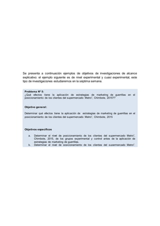 Se presenta a continuación ejemplos de objetivos de investigaciones de alcance
explicativo: el ejemplo siguiente es de nivel experimental y cuasi experimental, este
tipo de investigaciones estudiaremos en la séptima semana.
Problema Nº 5:
¿Qué efectos tiene la aplicación de estrategias de marketing de guerrillas en el
posicionamiento de los clientes del supermercado Metro”, Chimbote, 2015??
Objetivo general:
Determinar qué efectos tiene la aplicación de estrategias de marketing de guerrillas en el
posicionamiento de los clientes del supermercado Metro”, Chimbote, 2015
Objetivos específicos
a. Determinar el nivel de posicionamiento de los clientes del supermercado Metro”,
Chimbote, 2015, de los grupos experimental y control antes de la aplicación de
estrategias de marketing de guerrillas.
b. Determinar el nivel de posicionamiento de los clientes del supermercado Metro”,
Chimbote, 2015, de los grupos experimental y control después de la aplicación de
estrategias de marketing de guerrillas, es alta.
c. Comparar el nivel de posicionamiento de los clientes del supermercado Metro”,
Chimbote, 2015. De los grupos experimental y control antes y después de la
aplicación de estrategias de marketing de guerrillas.
 