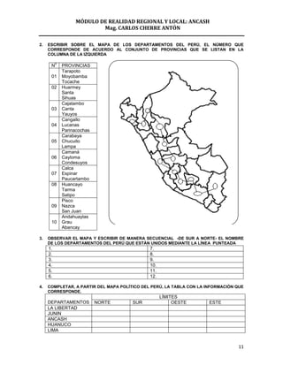 MÓDULO DE REALIDAD REGIONAL Y LOCAL: ANCASH
                           Mag. CARLOS CHERRE ANTÓN

2.   ESCRIBIR SOBRE EL MAPA DE LOS DEPARTAMENTOS DEL PERÚ, EL NÚMERO QUE
     CORRESPONDE DE ACUERDO AL CONJUNTO DE PROVINCIAS QUE SE LISTAN EN LA
     COLUMNA DE LA IZQUIERDA

          0
      N       PROVINCIAS
              Tarapoto
      01      Moyobamba
              Tocache
      02      Huarmey
              Santa
              Sihuas
              Cajatambo
      03      Canta
              Yauyos
              Cangallo
      04      Lucanas
              Parinacochas
              Carabaya
      05      Chucuito
              Lampa
              Camaná
      06      Cayloma
              Condesuyos
              Calca
      07      Espinar
              Paucartambo
      08      Huancayo
              Tarma
              Satipo
              Pisco
      09      Nazca
              San Juan
              Andahuaylas
      10      Grau
              Abancay

3.   OBSERVAR EL MAPA Y ESCRIBIR DE MANERA SECUENCIAL -DE SUR A NORTE- EL NOMBRE
     DE LOS DEPARTAMENTOS DEL PERÚ QUE ESTÁN UNIDOS MEDIANTE LA LÍNEA PUNTEADA
     1.                                       7.
     2.                                       8.
     3.                                       9.
     4.                                       10.
     5.                                       11.
     6.                                       12.

4.   COMPLETAR, A PARTIR DEL MAPA POLÍTICO DEL PERÚ, LA TABLA CON LA INFORMACIÓN QUE
     CORRESPONDE.
                                                    LÍMITES
     DEPARTAMENTOS           NORTE     SUR               OESTE        ESTE
     LA LIBERTAD
     JUNIN
     ANCASH
     HUANUCO
     LIMA


                                                                                 11
 