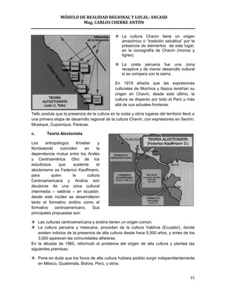 MÓDULO DE REALIDAD REGIONAL Y LOCAL: ANCASH
                        Mag. CARLOS CHERRE ANTÓN


                                                 La cultura Chavín tiene un origen
                                                  amazónico o “tradición selvática” por la
                                                  presencia de elementos de este lugar,
                                                  en la iconografía de Chavín (monos y
                                                  tigres).

                                                 La costa peruana fue una zona
                                                  receptiva y de menor desarrollo cultural
                                                  si se compara con la sierra.

                                                En 1919 añadía que las expresiones
                                                culturales de Mochica y Nazca tendrían su
                                                origen en Chavín, desde este último, la
                                                cultura se disperso por todo el Perú y más
                                                allá de sus actuales fronteras.

Tello postula que la presencia de la cultura en la costa y otros lugares del territorio llevó a
una primera etapa de desarrollo regional de la cultura Chavín, con expresiones en Sechín,
Moxeque, Cupisnique, Paracas.

c.       Teoría Aloctonista

Los     antropólogos      Kroeber    y
Nordeskiold     coinciden     en    la
dependencia mutua entre los Andes
y Centroamérica. Otro de los
estudiosos     que      sustenta    el
aloctonismo es Federico Kauffmann,
para       quien       la      cultura
Centroamericana y Andina son
deudoras de una zona cultural
intermedia – valdivia – en ecuador,
desde este núcleo se desarrollaron
tanto el formativo andino como el
formativo    centroamericano.     Sus
principales propuestas son:

 Las culturas centroamericana y andina tienen un origen común.
 La cultura peruana y mexicana, proceden de la cultura Valdivia (Ecuador), donde
    existen indicios de la presencia de alta cultura desde hace 5,000 años, y antes de los
    3,000 aparecen las comunidades alfareras.
En la década de 1960, reformuló el problema del origen de alta cultura y plantea las
siguientes premisas:

 Pone en duda que los focos de alta cultura hubiera podido surgir independientemente
  en México, Guatemala, Bolivia, Perú, y otros.


                                                                                            21
 
