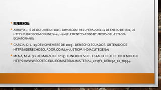 • REFERENCIA:
• ARROYO, J. (6 DE OCTUBRE DE 2021). LIBROSCOM. RECUPERADO EL 24 DE ENERO DE 2022, DE
HTTPS://LIBROSCOM.ONLINE/2021/10/06/ELEMENTOS-CONSTITUTIVOS-DEL-ESTADO-
ECUATORIANO/
• GARCIA, D. J. (25 DE NOVIEMBRE DE 2009). DERECHO ECUADOR. OBTENIDO DE
HTTPS://DERECHOECUADOR.COM/LA-JUSTICIA-INDIACUTEGENA/
• MENA, M.A. (12 DE MARZO DE 2013). FUNCIONES DEL ESTADO ECOTEC.OBTENIDO DE
HTTPS://WWW.ECOTEC.EDU.EC/MATERIAL/MATERIAL_2017F1_DER290_12_78994.
 