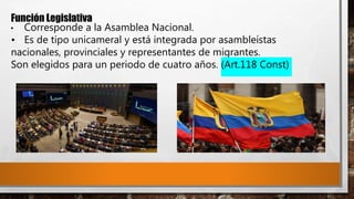 Función Legislativa
• Corresponde a la Asamblea Nacional.
• Es de tipo unicameral y está integrada por asambleístas
nacionales, provinciales y representantes de migrantes.
Son elegidos para un periodo de cuatro años. (Art.118 Const)
 