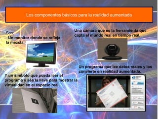 Son:
Un monitor donde se refleja
la mezcla.
Los componentes básicos para la realidad aumentada
Y un símbolo que pueda leer el
programa y sea la llave para mostrar la
virtualidad en el espacio real.
Una cámara que es la herramienta que
capta el mundo real en tiempo real.
Un programa que lee datos reales y los
convierte en realidad aumentada.
 