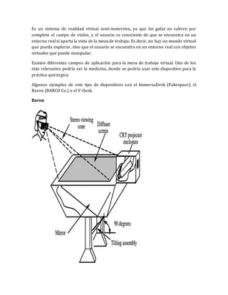 Es un sistema de realidad virtual semi-inmersiva, ya que las gafas no cubren por completo el campo de visión, y el usuario es consciente de que se encuentra en un entorno real si aparta la vista de la mesa de trabajo. Es decir, no hay un mundo virtual que pueda explorar, sino que el usuario se encuentra en un entorno real con objetos virtuales que puede manipular. 
Existen diferentes campos de aplicación para la mesa de trabajo virtual. Uno de los más relevantes podría ser la medicina, donde se podría usar este dispositivo para la práctica quirúrgica. 
Algunos ejemplos de este tipo de dispositivos son el ImmersaDesk (Fakespace), el Baron (BARCO Co.) o el V-Desk. 
Baron 
 