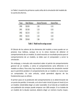 La Tabla 1 muestra los primeros cuatro años de la simulación del modelo de
la cuenta de ahorros.
El Cálculo de los valores de los elementos del modelo a mano puede ser un
proceso muy tedioso, aunque no es la única manera de obtener el
comportamiento de un modelo. Si usted necesita un resultado preciso para el
comportamiento de un modelo, se debe usar el computador y correr la
simulación.
Sin embargo, a menudo solo necesitará saber el patrón de comportamiento
general de un modelo, o cómo el comportamiento sería diferente si el
modelo se altera. Para esto, hay muchas herramientas de simulación mental
que le permitirá predecir el comportamiento de un modelo sin nunca tocar
un computador. En este artículo, usted aprenderá algunos de los
fundamentos que se utilizan.
El primer paso en la predicción del comportamiento es la determinación de
un punto de partida. A menudo, se le da el valor inicial (s) para el stock (s) en
un modelo. Usted debe elegir un valor razonable. Si se trata de un modelo de
una población de conejos puede empezar con 100 conejos. Si se trataba de
un modelo de la deuda nacional, debería elegir un número mucho mayor,
 