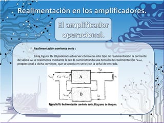 Realimentación corriente serie :
En la Figura 16.10 podemos observar cómo con este tipo de realimentación la corriente
de salida Isal se realimenta mediante la red B, suministrando una tensión de realimentación Vreal,
proporcional a dicha corriente, que se acopla en serie con la señal de entrada.
 