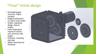 “Final” Initial design
• Overlapping gear
structure, highly
compact
• Diagonal placement
to reduce axial length
• Simple, repeating
design. Easy to
modify
• Cubic shape gives
maximum volume
with minimum side
length
• 63*63mm, including
side tabs
• (Motor mounting not
finalized)
 