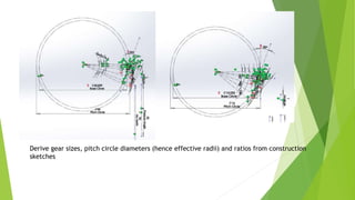 Derive gear sizes, pitch circle diameters (hence effective radii) and ratios from construction
sketches
 