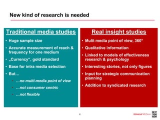 New kind of research is needed


Traditional media studies                     Real insight studies
• Huge sample size                       • Mulit media point of view, 360°
• Accurate measurement of reach &        • Qualitative information
  frequency for one medium
                                         • Linked to models of effectiveness
• „Currency“, gold standard                research & psychology
• Base for intra media selection         • Interesting stories, not only figures
• But…                                   • Input for strategic communication
                                           planning
   • …no multi-media point of view
                                         • Addition to syndicated research
   • …not consumer centric
   • …not flexible




                                     8
 