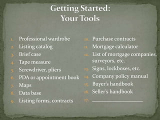 1. Professional wardrobe
2. Listing catalog
3. Brief case
4. Tape measure
5. Screwdriver, pliers
6. PDA or appointment book
7. Maps
8. Data base
9. Listing forms, contracts
10. Purchase contracts
11. Mortgage calculator
12. List of mortgage companies,
surveyors, etc.
13. Signs, lockboxes, etc.
14. Company policy manual
15. Buyer’s handbook
16. Seller’s handbook
17. ___________________
 