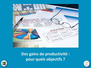 Les experts comptables ont
beaucoup travaillé les gains de
productivité liés aux outils de
production mais peu à ceux
d’organisation

Les collaborateurs sont jugés
sur leur capacité à finir à
l’heure… …pas sur les gains de
productivité !

 