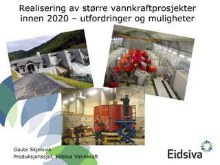 Realisering av større vannkraftprosjekter
  innen 2020 – utfordringer og muligheter




Gaute Skjelsvik
Produksjonssjef, Eidsiva Vannkraft
 