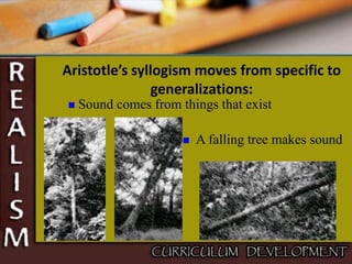 Aristotle’s syllogism moves from specific to
generalizations:
 A falling tree makes sound
 Sound comes from things that exist
 