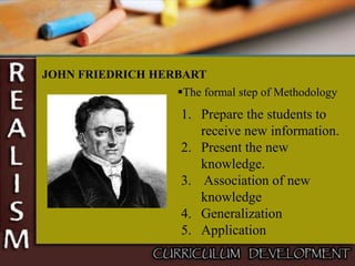 JOHN FRIEDRICH HERBART
The formal step of Methodology
1. Prepare the students to
receive new information.
2. Present the new
knowledge.
3. Association of new
knowledge
4. Generalization
5. Application
 