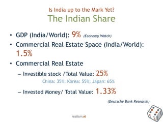Is India up to the Mark Yet?The Indian Share<br />GDP (India/World): 9% (Economy Watch)<br />Commercial Real Estate Space ...