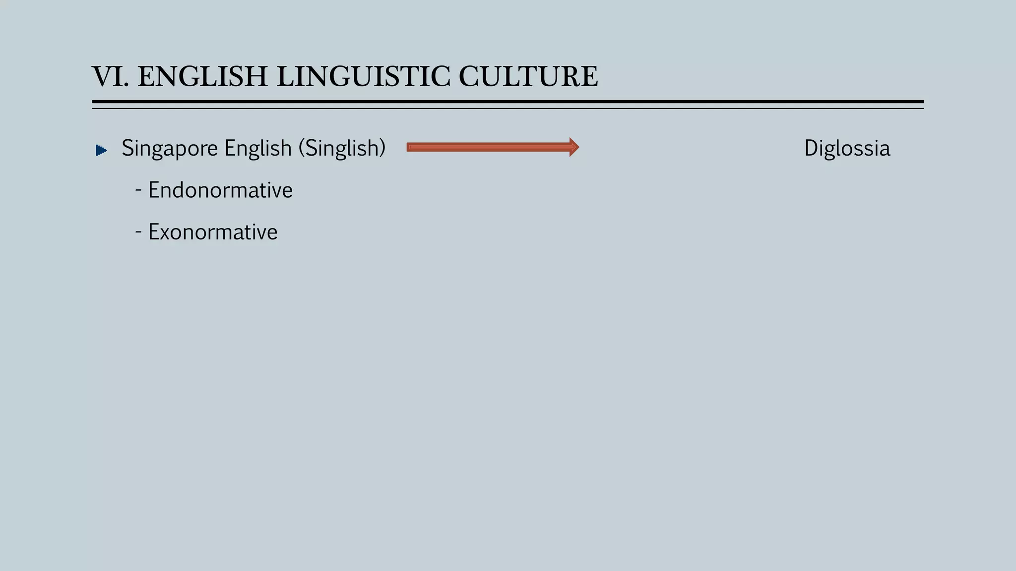 VI. ENGLISH LINGUISTIC CULTURE
Singapore English (Singlish) Diglossia
- Endonormative
- Exonormative
 