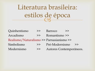 Literatura brasileira:
       estilos de época
                      
Quinhentismo      >>    Barroco     >>
Arcadismo         >>    Romantismo >>
Realismo/Naturalismo >> Parnasianismo >>
Simbolismo        >>    Pré-Modernismo >>
Modernismo        >>    Autores Contemporâneos.
 