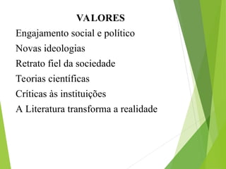 VALORES
Engajamento social e político
Novas ideologias
Retrato fiel da sociedade
Teorias científicas
Críticas às instituições
A Literatura transforma a realidade
 