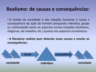 Realismo: de causas e consequências: O estado da sociedade e das relações humanas é causa e consequência da ação do homem (enquanto indivíduo, grupo ou coletividade) tanto no aspectos sociais (relações familiares, religiosas, de trabalho, etc.) quanto nos aspectos econômicos.