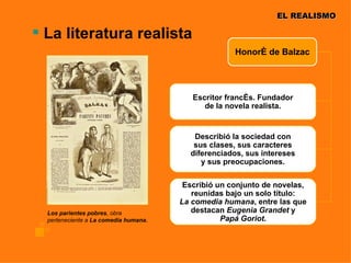 EL REALISMO

 La literatura realista
                                                     Honoré de Balzac




                                          Escritor francés. Fundador
                                             de la novela realista.


                                          Describió la sociedad con
                                          sus clases, sus caracteres
                                         diferenciados, sus intereses
                                            y sus preocupaciones.

                                        Escribió un conjunto de novelas,
                                          reunidas bajo un solo título:
                                       La comedia humana, entre las que
  Los parientes pobres, obra              destacan Eugenia Grandet y
  perteneciente a La comedia humana.              Papá Goriot.
 