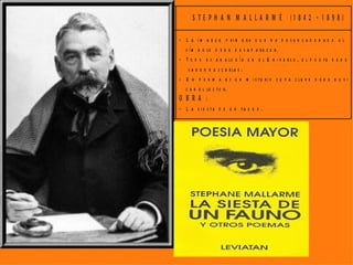 PA U L V E R L A IN E             (1 8 4 4 - 1 8 9 6 )                 S TE PH A N M A LLA R M É                  (1 8 4 2 - 1 8 9 8 )

- L i b e ra e l v e rs o .                                                 - L a i m a g e n p ri m e ra q u e h a d e s e n c a d e n a d o e l
- E l p o e m a h a d e s e r a n te to d o m ú s i c a .                     s í m b o lo d e b e d e s a p a r e c e r.
- H a y q u e tra n s m i ti r s e n s a c i o n e s , in q u i e -         - T o d o e s a n a lo g í a e n e l U n i v e r s o , e l p o e ta d e b e
  t u d e s , m a le s ta r e s , s u e ñ o s .                                 s a b e r b u s c a r la s .
O B R A :                                                                   - U n p o e m a e s u n m i s te r i o c u y a c la v e d e b e b u s -
- P o e m a s S a tu r n i n o s .                                            c a r e l le c t o r.
- F i e s t a s G a la n t e s .                                            O B R A :
- R o m a n z a s s i n p a la b r a s .                                    - L a s i e s ta d e u n fa u n o .



                                          A R T H U R R IM B A U D              (1 8 5 4 - 1 8 9 1 )

                  - L le v a u n a v i d a e r r a n te .
                  - P o e s ía d e s c a rn a d a .
                  - V u e lc a s u d e s p r e c i o p o r la s o c i e d a d o f i c i a l.
                  - M a n i f i e s t a s u d e s e o d e h u i r, d e r o m p e r c o n la v i d a p r e s e n te .
                  O B R A :
                  U n a te m p o r a d a e n e l i n fi e r n o .
                  I lu m i n a c i o n e s .
 