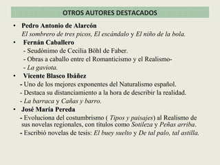 • Pedro Antonio de AlarcónPedro Antonio de Alarcón
El sombrero de tres picos, El escándalo y El niño de la bola.
• Fernán CaballeroFernán Caballero
- Seudónimo de Cecilia Böhl de Faber.
- Obras a caballo entre el Romanticismo y el Realismo-
- La gaviota.
• Vicente Blasco IbáñezVicente Blasco Ibáñez
-- Uno de los mejores exponentes del Naturalismo español.
- Destaca su distanciamiento a la hora de describir la realidad.
- La barraca y Cañas y barro.
• José María PeredaJosé María Pereda
-- Evoluciona del costumbrismo ( Tipos y paisajes) al Realismo de
sus novelas regionales, con títulos como Sotileza y Peñas arriba.
-- Escribió novelas de tesis: El buey suelto y De tal palo, tal astilla.
OTROS AUTORES DESTACADOS
 