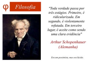 φ   Filosofia    "Toda verdade passa por
                 três estágios. Primeiro, é
                    ridicularizada. Em
                 segundo, é violentamente
                   refutada. Em terceiro
                lugar, é aceite como sendo
                   uma clara evidência"

                  Arthur Schopenhauer
                      (Alemanha)

                  Era um pessimista, mas era lúcido.
 