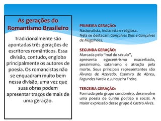 As gerações do 
Romantismo Brasileiro 
Tradicionalmente são 
apontadas três gerações de 
escritores românticos. Essa 
divisão, contudo, engloba 
principalmente os autores de 
poesia. Os romancistas não 
se enquadram muito bem 
nessa divisão, uma vez que 
suas obras podem 
apresentar traços de mais de 
uma geração. 
PRIMEIRA GERAÇÃO: 
Nacionalista, indianista e religiosa. 
Nela se destacam Gonçalves Dias e Gonçalves 
de Magalhães. 
SEGUNDA GERAÇÃO: 
Marcada pelo “mal do século”, 
apresenta egocentrismo exacerbado, 
pessimismo, satanismo e atração pela 
morte. Seus principais representantes são 
Álvares de Azevedo, Casimiro de Abreu, 
Fagundes Varela e Junqueira Freire. 
TERCEIRA GERAÇÃO: 
Formada pelo grupo condoreiro, desenvolve 
uma poesia de cunho político e social. A 
maior expressão desse grupo é Castro Alves. 
 