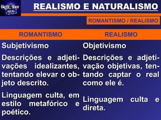 ROMANTISMO REALISMO
SubjetivismoSubjetivismo ObjetivismoObjetivismo
Descrições e adjeti-Descrições e adjeti-
vações idealizantes,vações idealizantes,
tentando elevar o ob-tentando elevar o ob-
jeto descrito.jeto descrito.
Descrições e adjeti-Descrições e adjeti-
vação objetivas, ten-vação objetivas, ten-
tando captar o realtando captar o real
como ele é.como ele é.
Linguagem culta, emLinguagem culta, em
estilo metafórico eestilo metafórico e
poético.poético.
Linguagem culta eLinguagem culta e
direta.direta.
ROMANTISMO / REALISMO
 