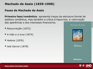 Machado de Assis (1839-1908)
Fases de Machado de Assis
Primeira fase/romântica: apresenta traços da estrutura formal da
estética romântica, mas também a crítica à hipocrisia, à valorização
das aparências e dos interesses financeiros.
 Ressurreição (1872)
 A mão e a luva (1874)
 Helena (1876)
 Iaiá Garcia (1878)
REPRODUÇÃO
REALISMO/NATURALISMO
 