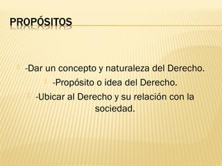    -Dar un concepto y naturaleza del Derecho.
          -Propósito o idea del Derecho.

      -Ubicar al Derecho y su relación con la
                      sociedad.
 