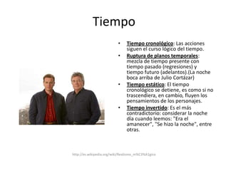 TiempoTiempo cronológico: Las acciones siguen el curso lógico del tiempo.Ruptura de planos temporales: mezcla de tiempo presente con tiempo pasado (regresiones) y tiempo futuro (adelantos).(La noche boca arriba de Julio Cortázar)Tiempo estático: El tiempo cronológico se detiene, es como si no trascendiera, en cambio, fluyen los pensamientos de los personajes.Tiempo invertido: Es el más contradictorio: considerar la noche día cuando leemos: "Era el amanecer", "Se hizo la noche", entre otras.http://es.wikipedia.org/wiki/Realismo_m%C3%A1gico