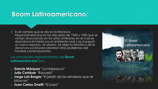 Boom Latinoamericano: 
 Es el cambio que se dio en la literatura 
hispanoamericana en las décadas de 1940 y 1950 que se 
venían anunciando en los años anteriores en el cual se 
abandona el interés por el ambiente rural y se inauguró 
un nuevo espacio, el urbano. Se alejo la temática de la 
denuncia social para plantear otros problemas del 
hombre contemporáneo. 
Los principales representantes del Boom 
Latinoamericano Son: 
o García Márquez “La Hojarasca” 
o Julio Cortázar “Rayuela” 
o Jorge Luis Borges “El jardín de los senderos que se 
bifurcan” 
o Juan Carlos Onetti “El pozo” 
