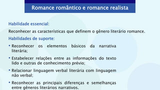 Romance romântico e romance realista
Habilidade essencial:
Reconhecer as características que definem o gênero literário romance.
Habilidades de suporte:
• Reconhecer os elementos básicos da narrativa
literária;
• Estabelecer relações entre as informações do texto
lido e outras de conhecimento prévio;
• Relacionar linguagem verbal literária com linguagem
não verbal;
• Reconhecer as principais diferenças e semelhanças
entre gêneros literários narrativos.
 