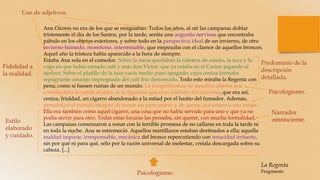 Ana Ozores no era de los que se resignaban. Todos los años, al oír las campanas doblar
tristemente el día de los Santos, por la tarde, sentía una angustia nerviosa que encontraba
pábulo en los objetos exteriores, y sobre todo en la perspectiva ideal de un invierno, de otro
invierno húmedo, monótono, interminable, que empezaba con el clamor de aquellos bronces.
Aquel año la tristeza había aparecido a la hora de siempre.
Estaba Ana sola en el comedor. Sobre la mesa quedaban la cafetera de estaño, la taza y la
copa en que había tomado café y anís don Víctor, que ya estaba en el Casino jugando al
ajedrez. Sobre el platillo de la taza yacía medio puro apagado, cuya ceniza formaba
repugnante amasijo impregnado del café frío derramado. Todo esto miraba la Regenta con
pena, como si fuesen ruinas de un mundo. La insignificancia de aquellos objetos que
contemplaba le partía el alma; se le figuraba que eran símbolo del universo, que era así,
ceniza, frialdad, un cigarro abandonado a la mitad por el hastío del fumador. Además,
pensaba en el marido incapaz de fumar un puro entero y de querer por entero a una mujer.
Ella era también como aquel cigarro, una cosa que no había servido para uno y que ya no
podía servir para otro. Todas estas locuras las pensaba, sin querer, con mucha formalidad.
Las campanas comenzaron a sonar con la terrible promesa de no callarse en toda la tarde ni
en toda la noche. Ana se estremeció. Aquellos martillazos estaban destinados a ella; aquella
maldad impune, irresponsable, mecánica del bronce repercutiendo con tenacidad irritante,
sin por qué ni para qué, sólo por la razón universal de molestar, creíala descargada sobre su
cabeza. [...]
Predominio de la
descripción
detallada.
Uso de adjetivos.
Estilo
elaborado
y cuidado.
Narrador
omnisciente.
Psicologismo.
Psicologismo.
Fidelidad a
la realidad.
La Regenta
Fragmento
 