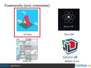 - @hellosct1 –
Frameworks (avec extensions)
A-Frame React 360
Three JS Babylon JS 4.0
 