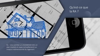 Qu’est-ce que
la RA ?
Ex. : vous pointez un smartphone vers un
plan (réalité) et voyez (virtuellement) un
croquis tridimensionnel du logement.
 