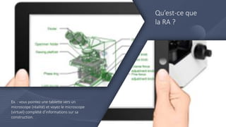 Qu’est-ce que
la RA ?
Ex. : vous pointez une tablette vers un
microscope (réalité) et voyez le microscope
(virtuel) complété d’informations sur sa
construction.
 